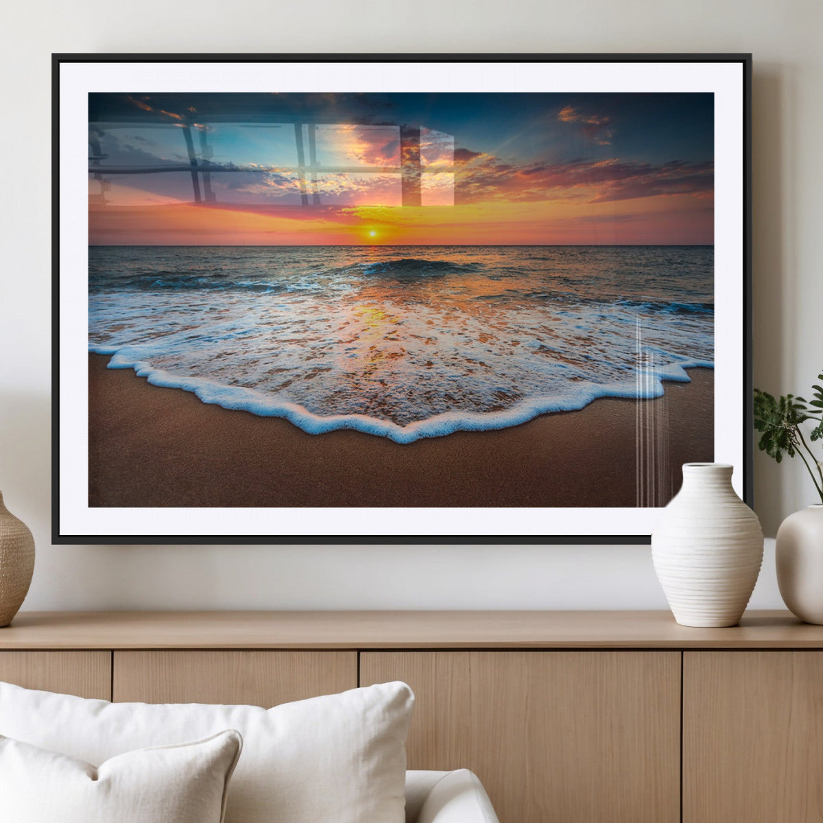 Sunset Beach Canvas Wall Art – Colorful Ocean Waves Triptych