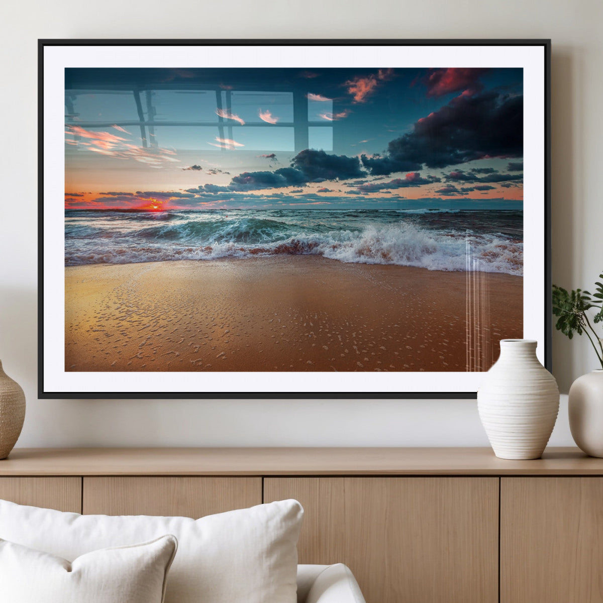 Sunset on Beach Wall Art Ocean Beach Canvas Print