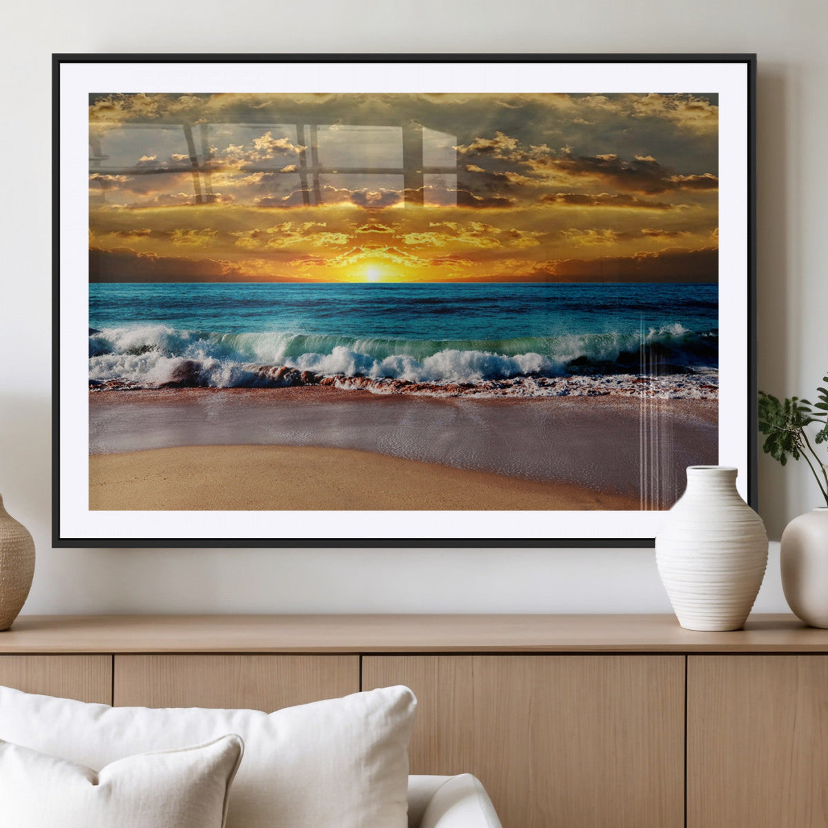 Ocean Sunrise Over Golden Beach Waves, Giclee Canvas Wall