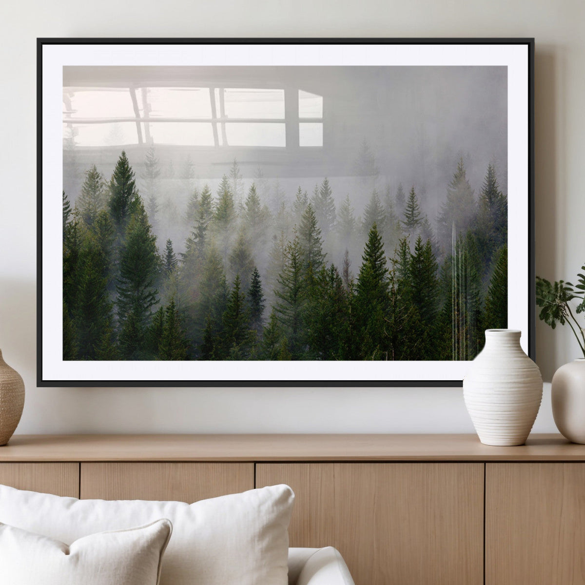 Misty Pine Forest Wall Art Canvas Print | 3 Panel Green