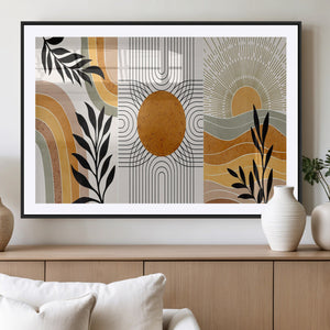 Modern Boho Sun and Leaf Abstract Art – 3-Panel Giclée
