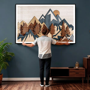 Rustic Abstract Wood Panel Effect Canvas Mountain Range Top