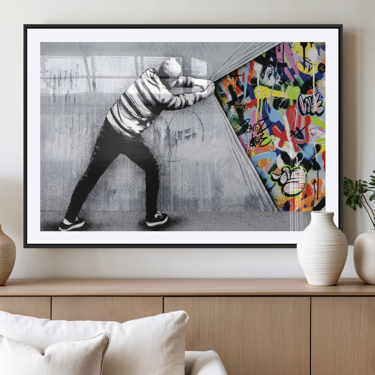 Banksy Art Behind the Curtain Street Wall Art Canvas Print |
