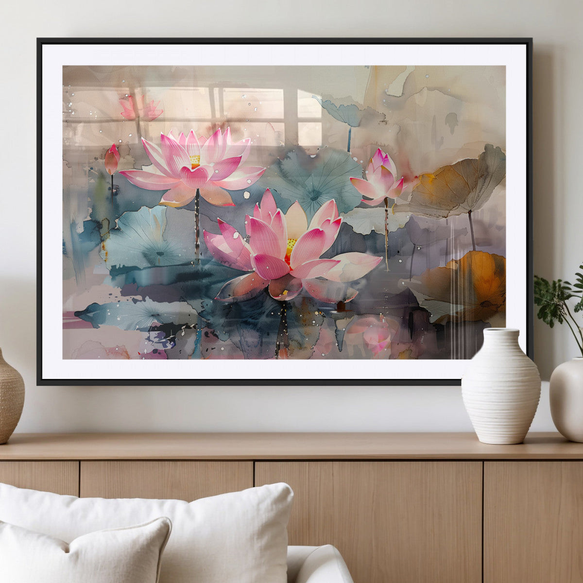 Lotus Flower Wall Art | 3-Panel Giclee Canvas Print of Pink