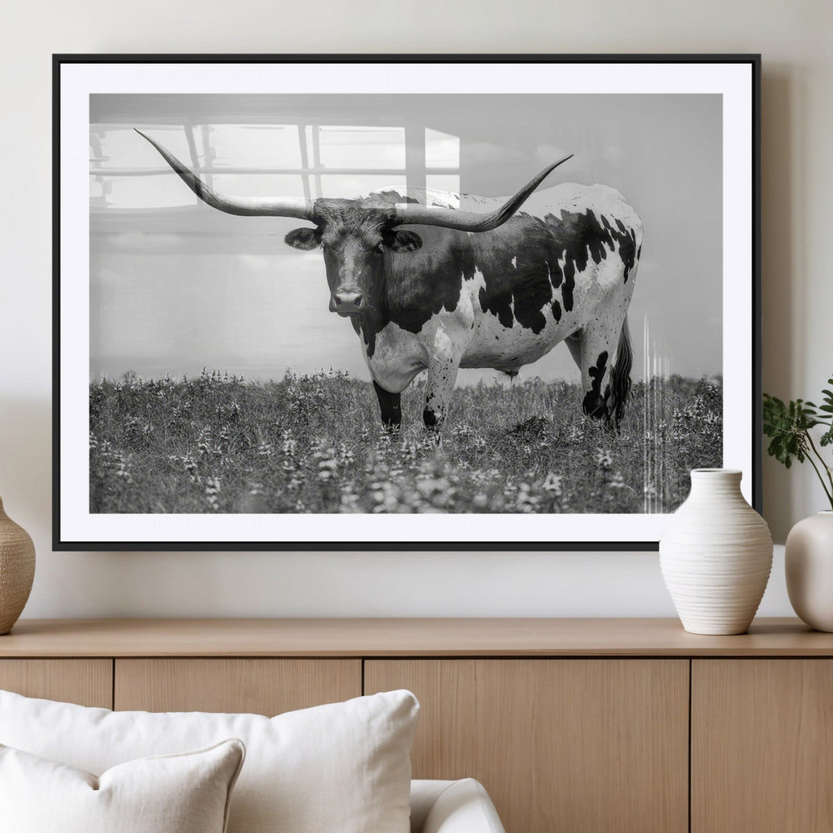 Texas Black White Highland Longhorn Cow Wall Art Canvas