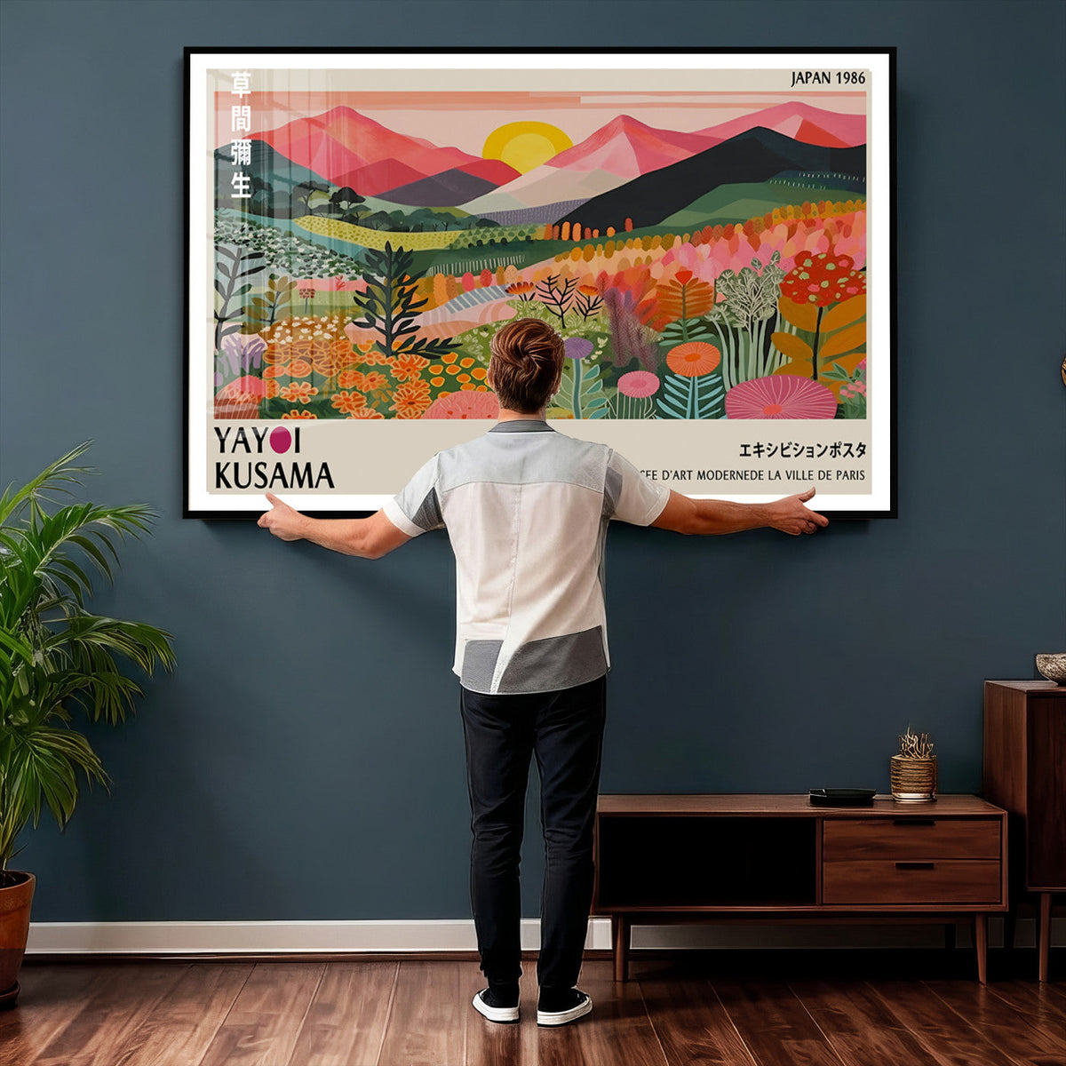 Yayoi Kusama Landscape Canvas Print, Vibrant Floral Mountain Art Print, Framed Botanical Wall Art -
