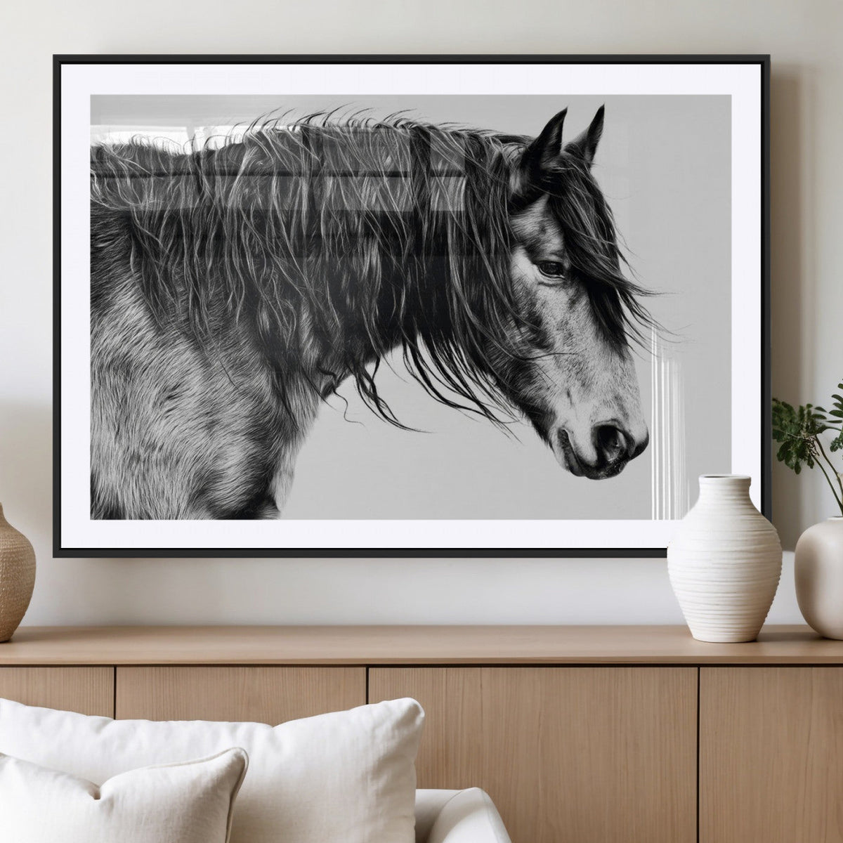 Majestic Horse Wall Art – Framed Black White Portrait Canvas
