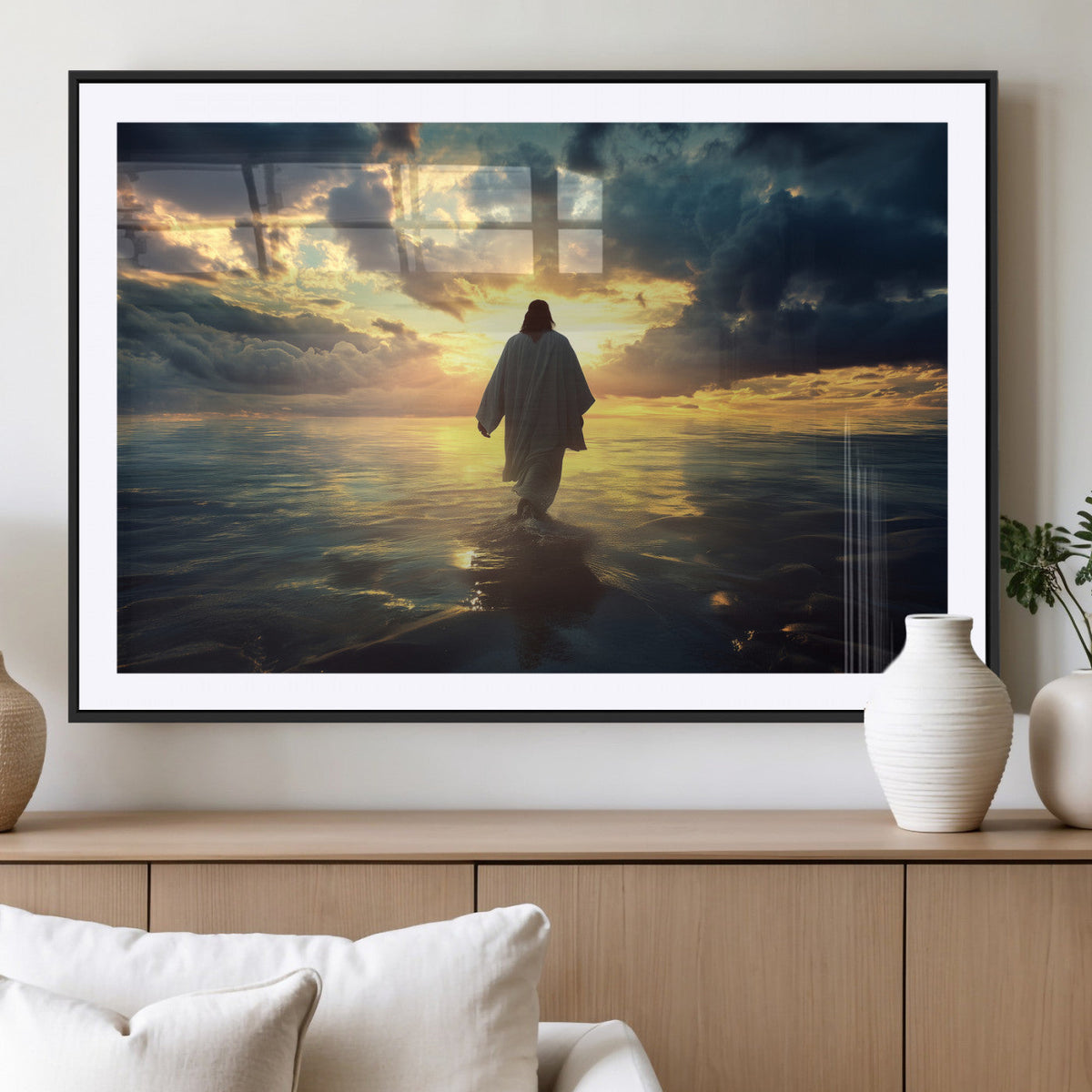 Jesus Walks Wall Art Canvas Print Framed Divine Sunset Art