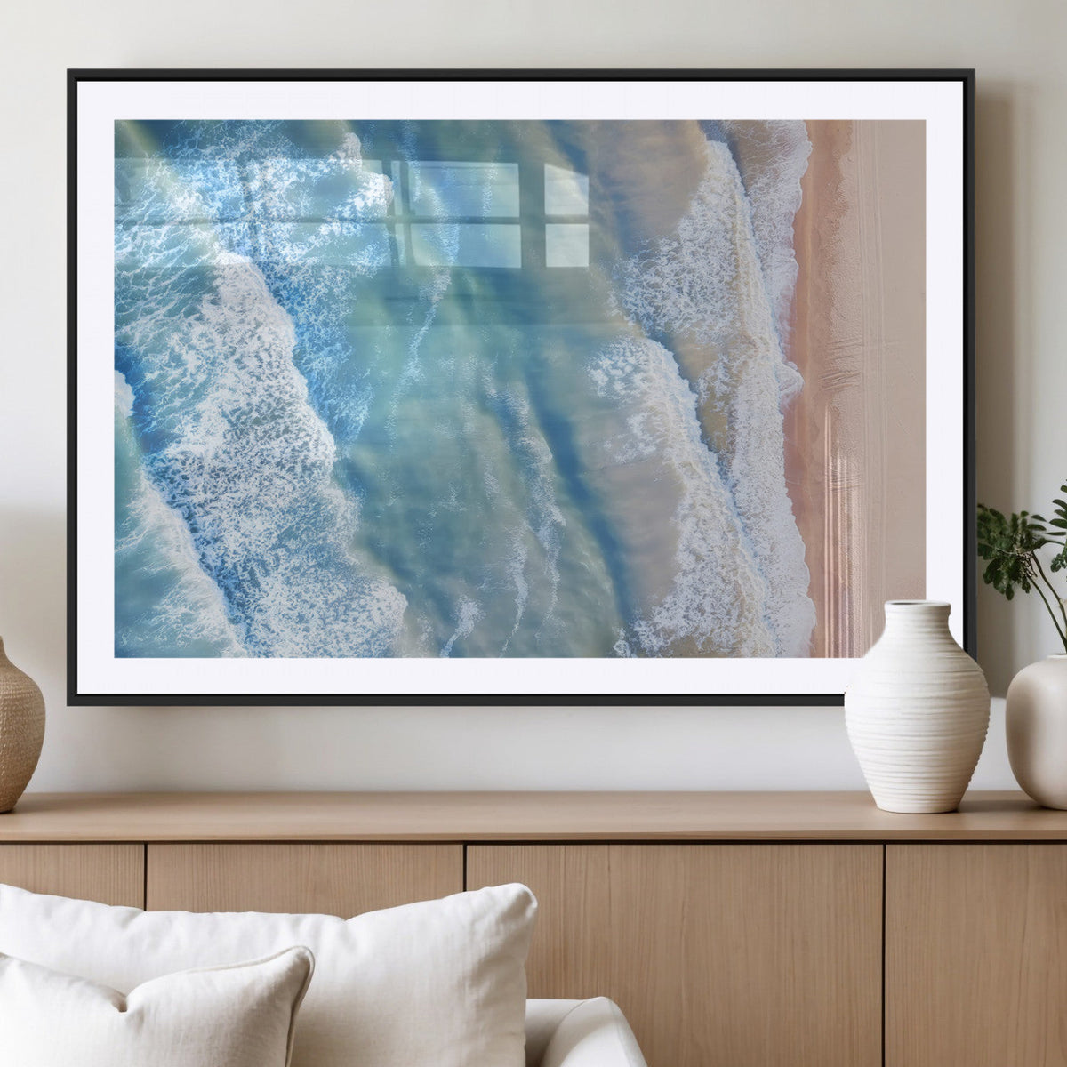 Aerial Ocean View Wall Art Canvas Print – Framed Soft Blue