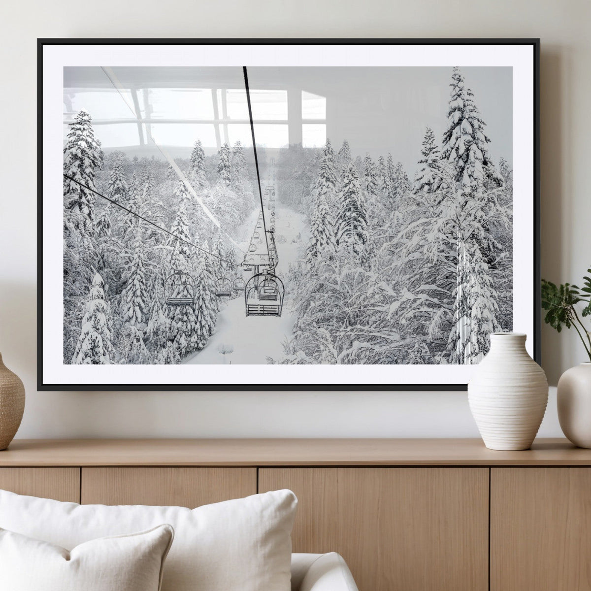 Snowy Ski Lift Wall Art – Framed Winter Mountain Canvas