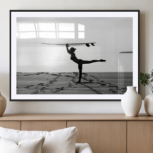 Yoga Surf Wall Art Canvas Print – Framed Black White Shore