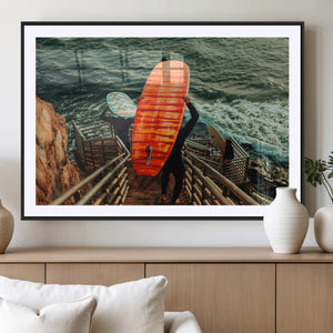 Surfer Stairway Wall Art – Framed Ocean Surf Canvas Artwork,