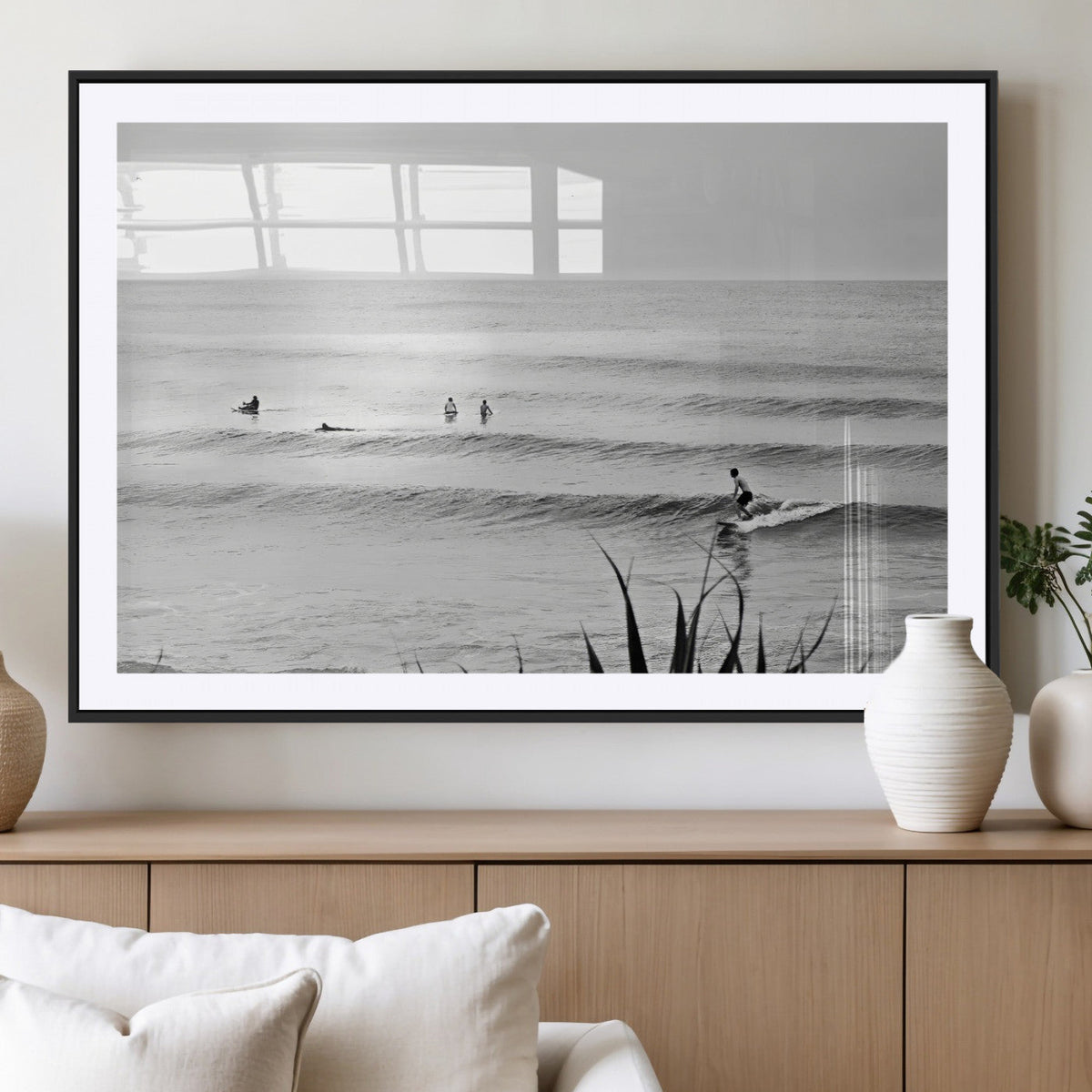 Surfer Silhouette Wall Art – Framed Calm Ocean Canvas