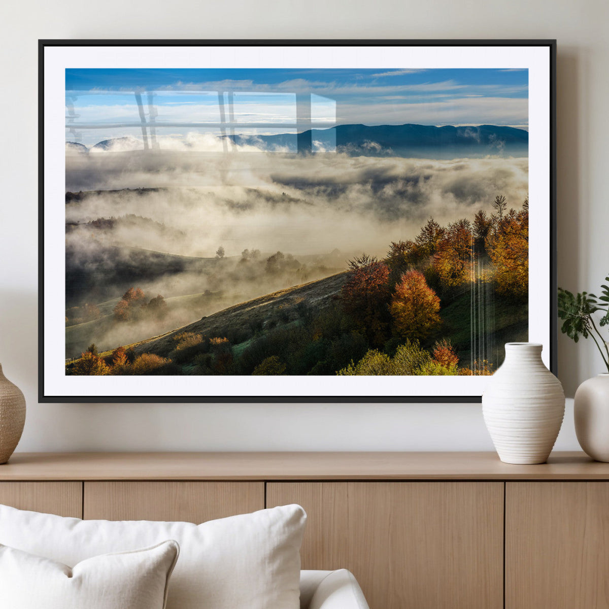 Misty Autumn Hills Wall Art Canvas Print, Foggy Forest