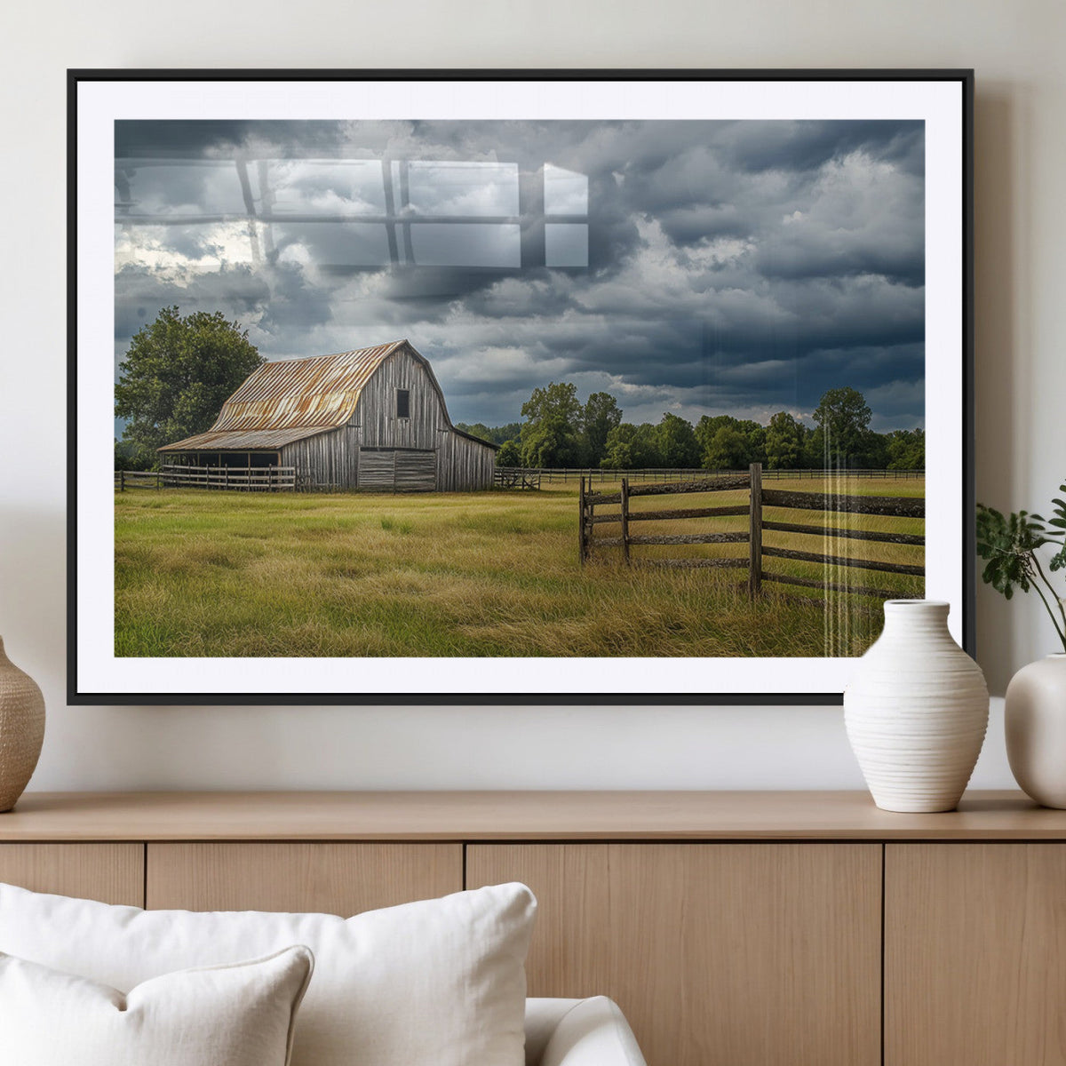 Rustic Stormy Barn Wall Art Canvas Print, Moody Country Farm
