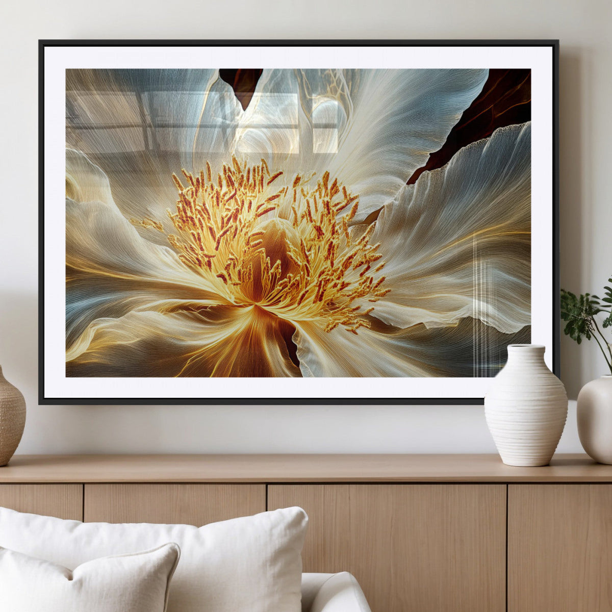 Golden Abstract Flower Canvas Wall Art, Modern Botanical