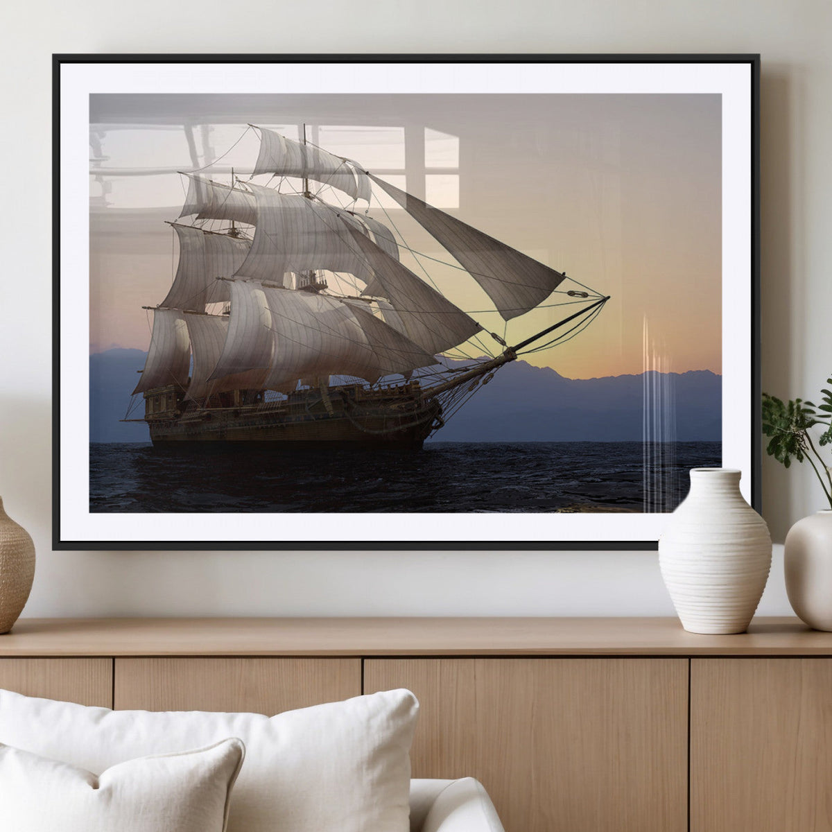 Majestic Sailing Ship Wall Art Canvas Print, Sunset Ocean