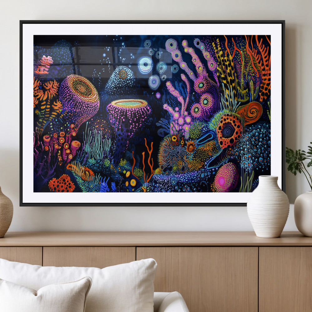 Vibrant Neon Coral Reef Wall Art Canvas Print, Colorful