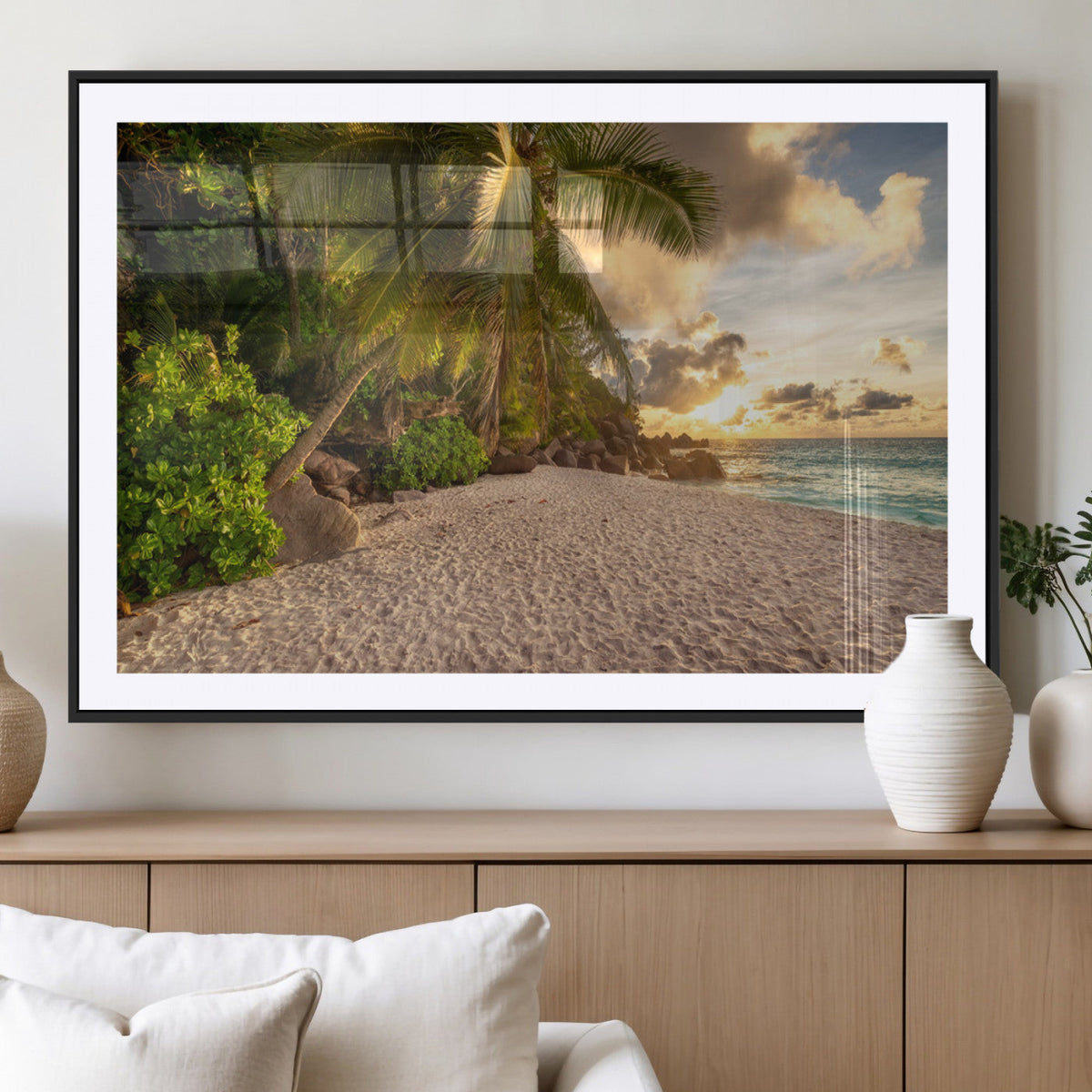 Tropical beach sunset, palm trees, white sand, ocean waves,