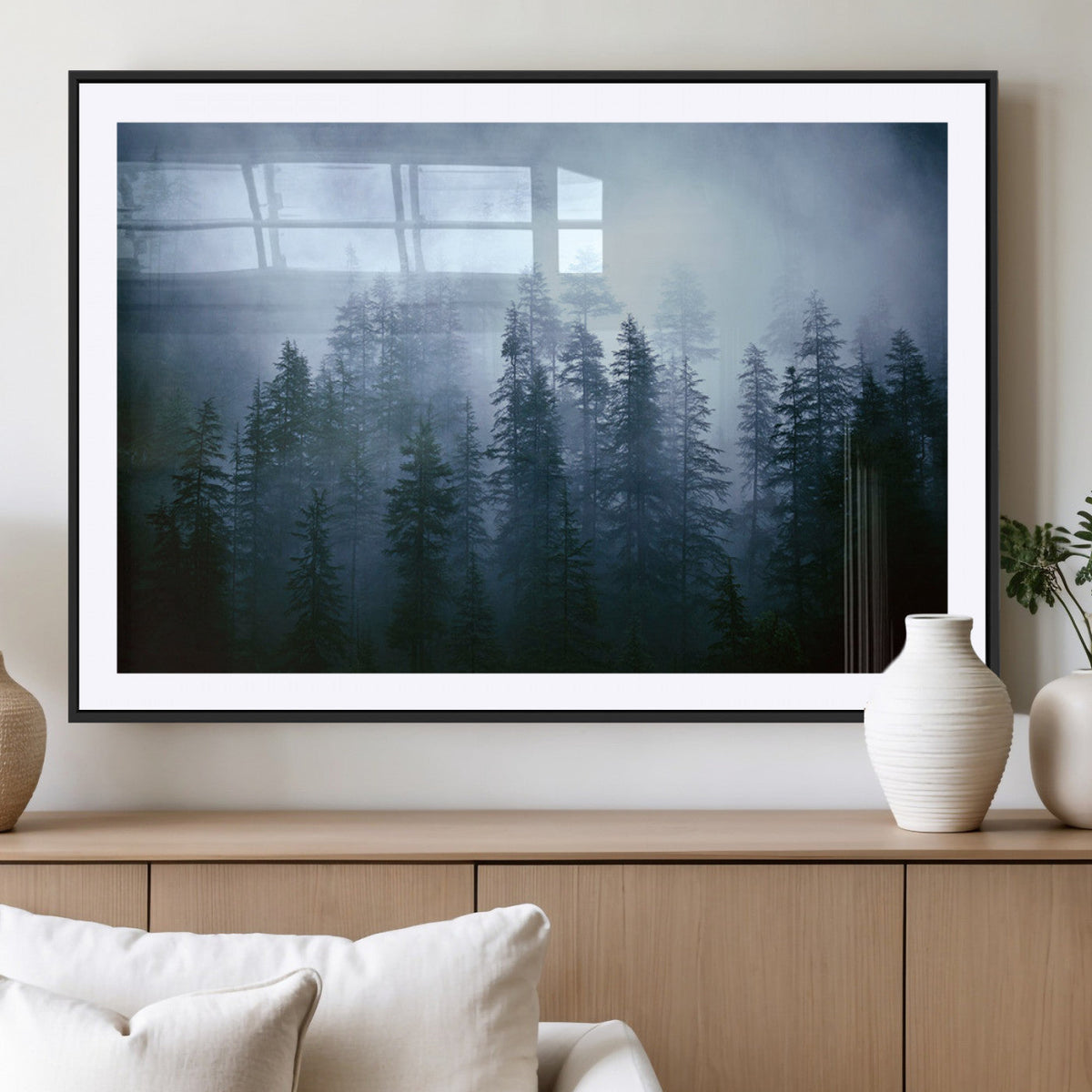 Foggy Evergreen Pines Wall Art – Mist Forest Blue Haze Moody