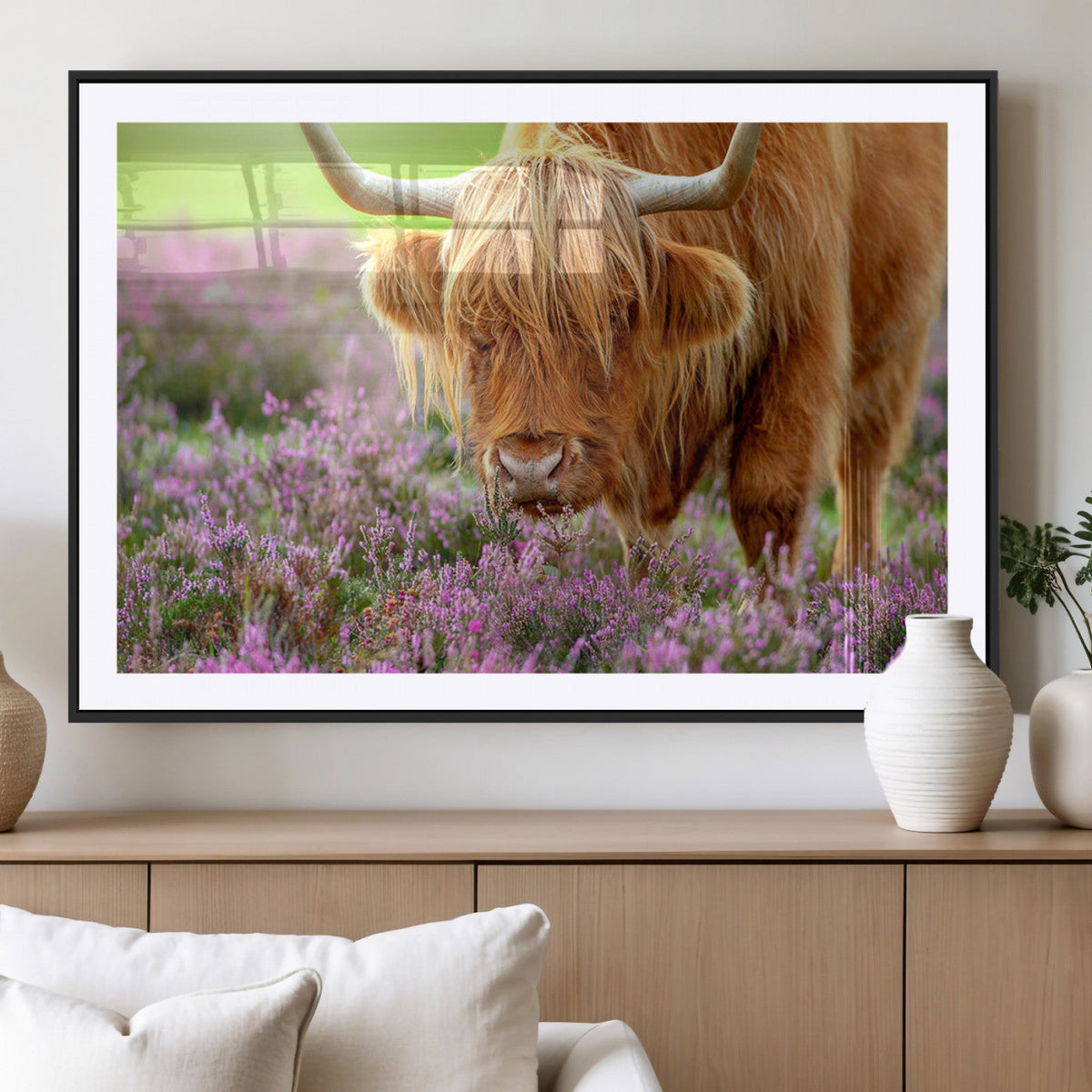 Highland Cow Wall Art Canvas Print – Framed Purple Flowers