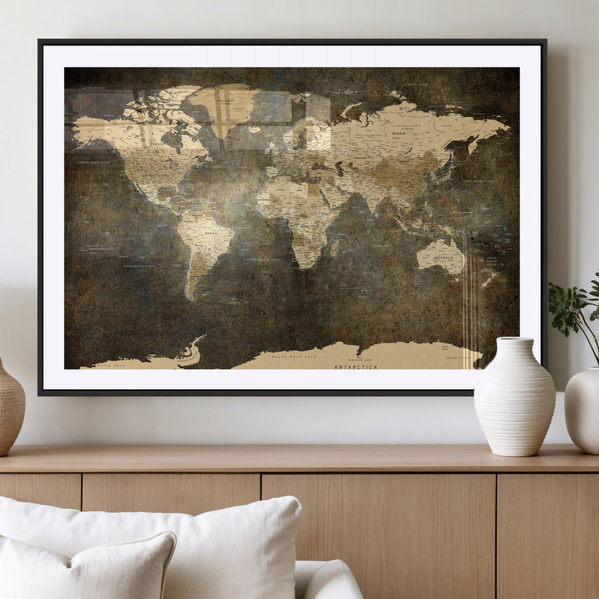 Large Framed Vintage World Map Wall Art Print for Home Wall