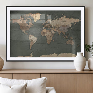 Rustic Black and Wood World Map Canvas Wall Art – Framed