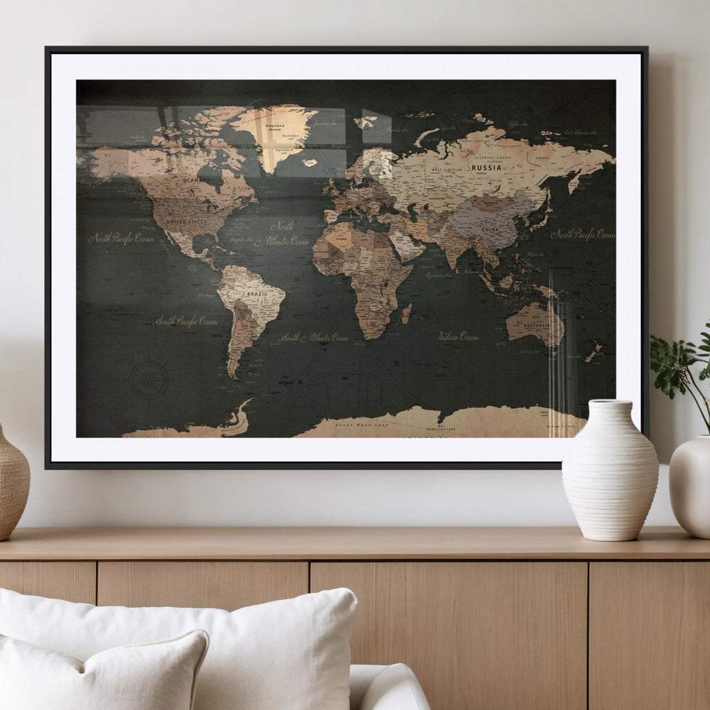 Vintage World Map Canvas Wall Art – Framed Travel Map for