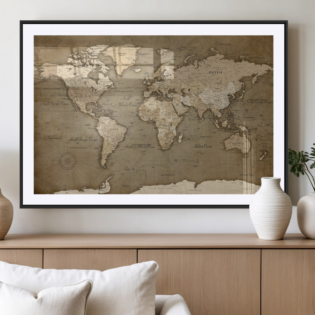 World Map Wall Art Canvas Print, Framed Map Art Picture