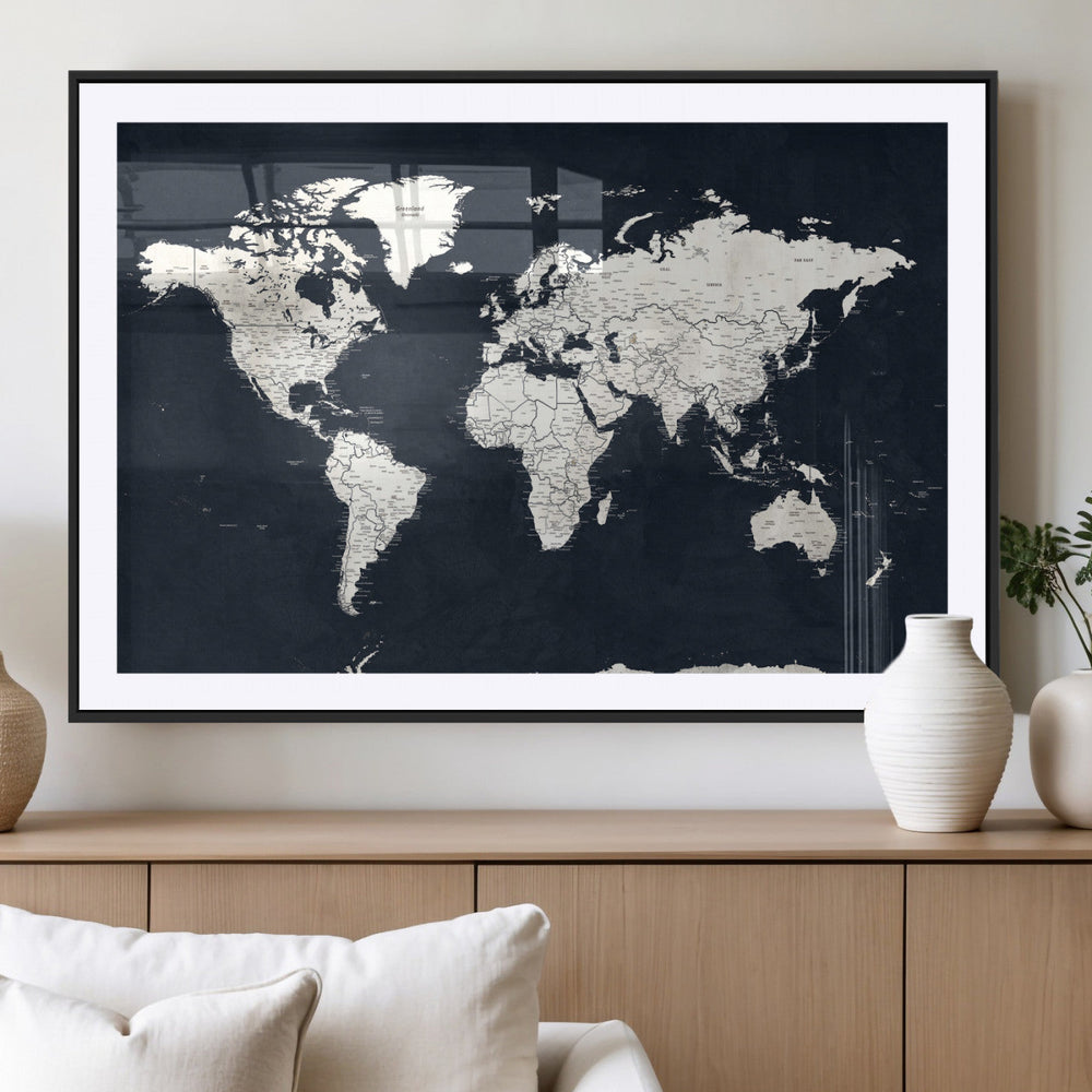 Black World Map Wall Art Canvas Print for Home Office and
