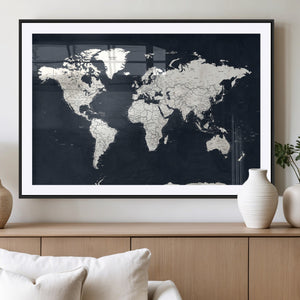 Black World Map Wall Art Canvas Print for Home Office and
