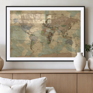 Vintage World Map Wall Art | Ready to Hang and Framed