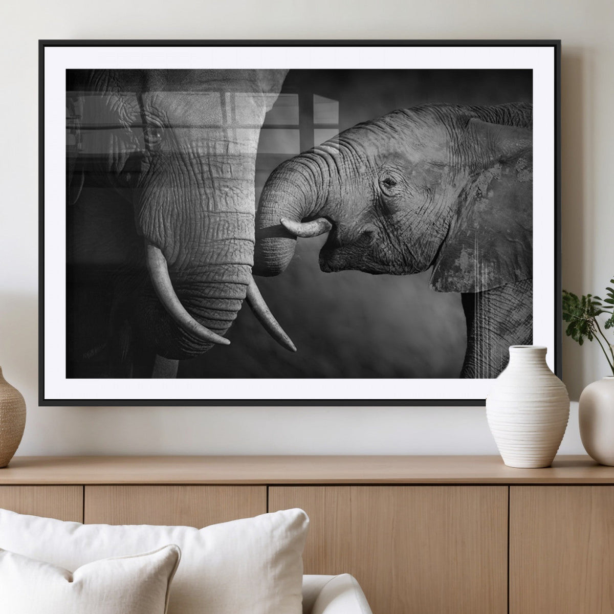 Elephant Family Wall Art Canvas, Framed Elephant Family