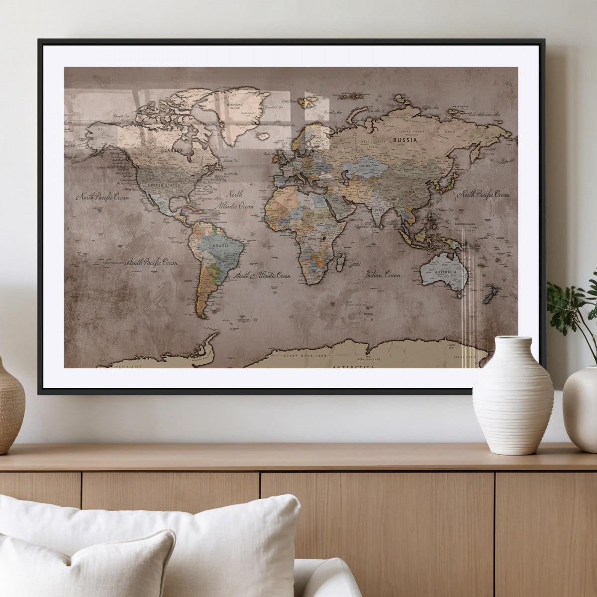 Grunge World Map Canvas Wall Art - Vintage Aged World Map