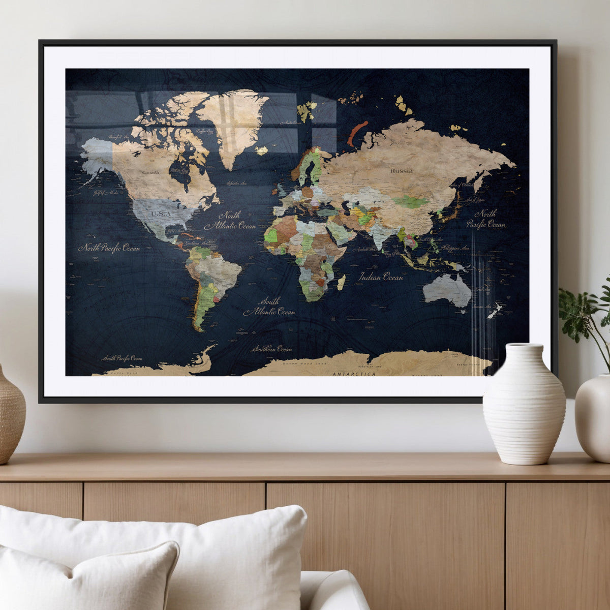 Minimalist World Map Canvas Wall Art - Watercolor Blue and