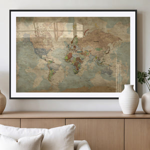 World Map Wall Art Canvas Print, Rustic Map Print, Framed