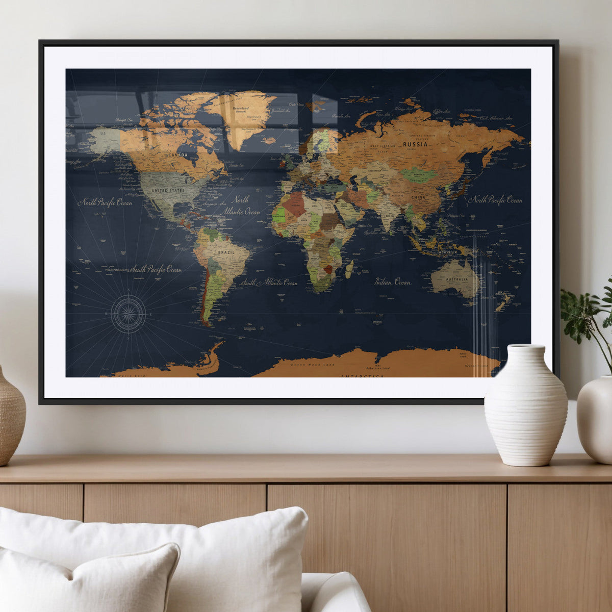 Modern World Map Canvas Print – Framed Detailed Map of the