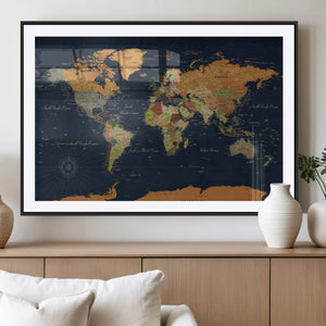 Modern World Map Canvas Print – Framed Detailed Map of the