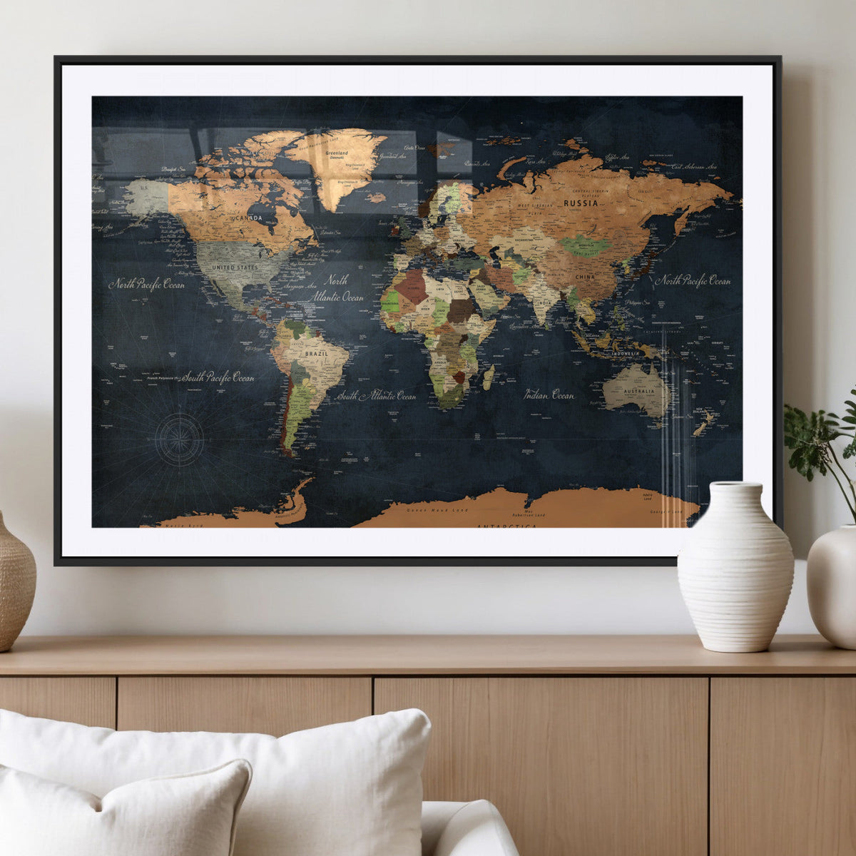 Vintage World Map Canvas Wall Art – Detailed Map with