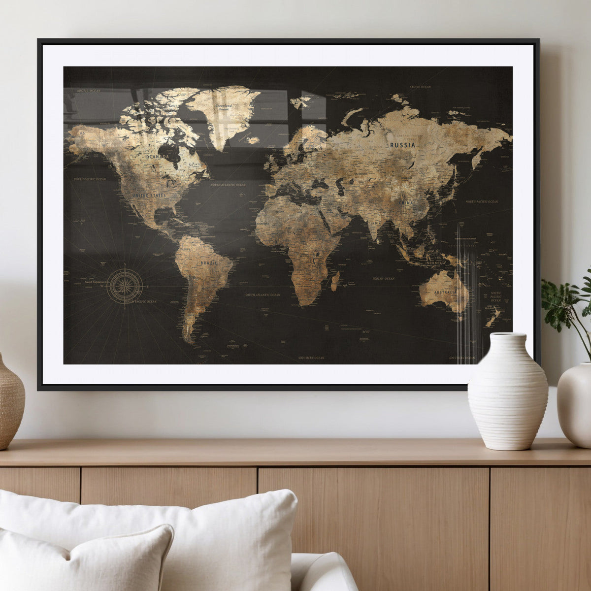 Framed World Map with Pin Canvas Print – Detailed World Map