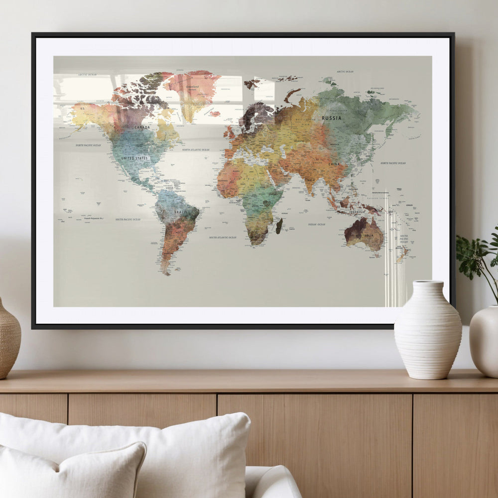 Framed World Map Wall Art Canvas Print for Living Room and
