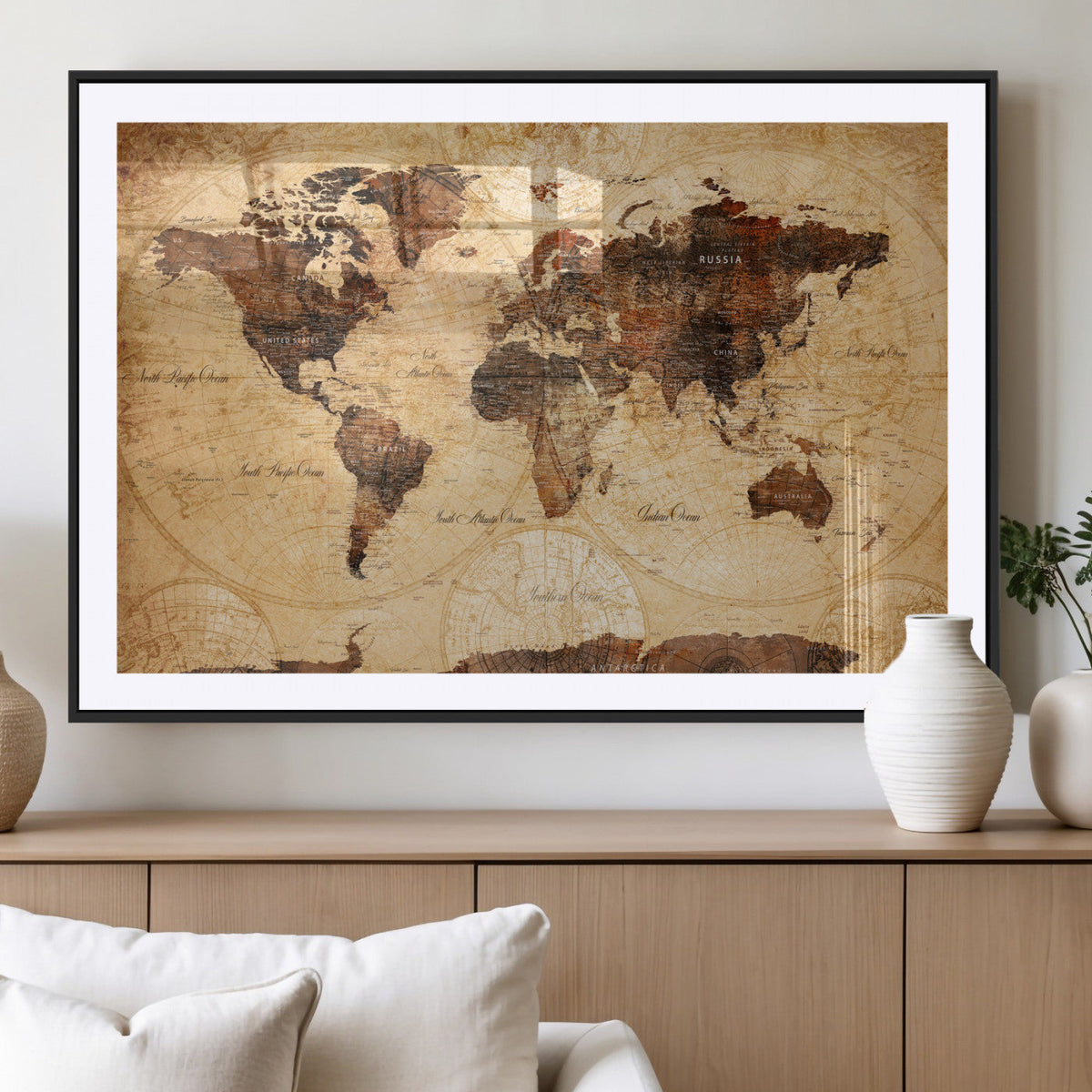 Modern Red and Gray World Map Canvas Print – Framed Wall Art