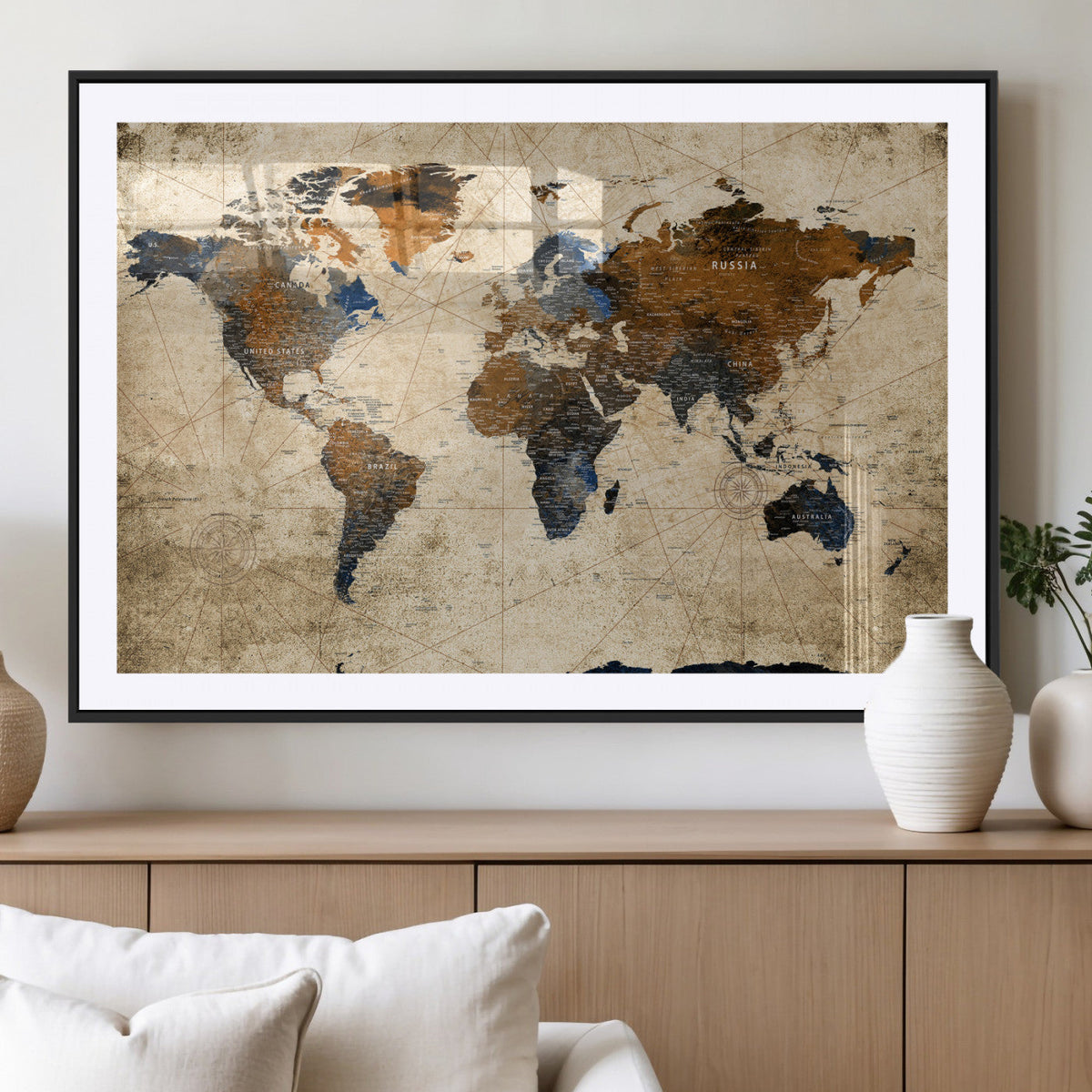 World Map Wall Art Canvas Print, Modern Decorative Framed
