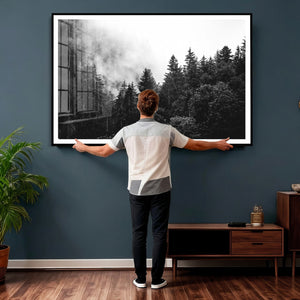 Black White Forest Wall Art Canvas Print, Misty Pine Tree