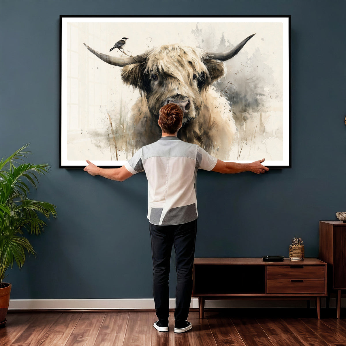 Abstract Highland Cow Wall Art Canvas Print, Rustic Farm
