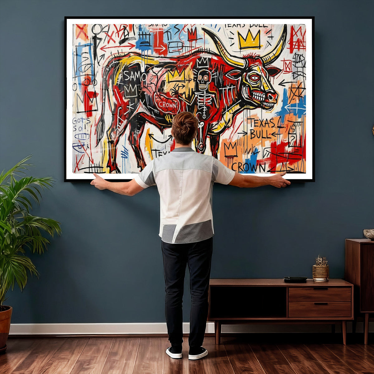 Texas Bull Wall Art Canvas Print, Abstract Graffiti Bull