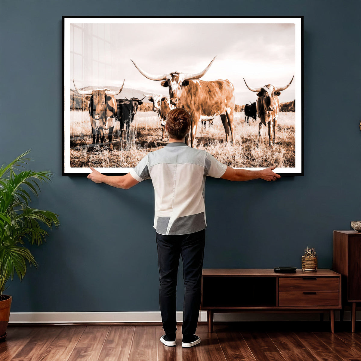Texas Longhorn Cattle Wall Art Canvas Print, Sepia Western