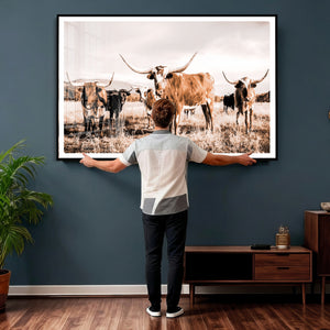 Texas Longhorn Cattle Wall Art Canvas Print, Sepia Western