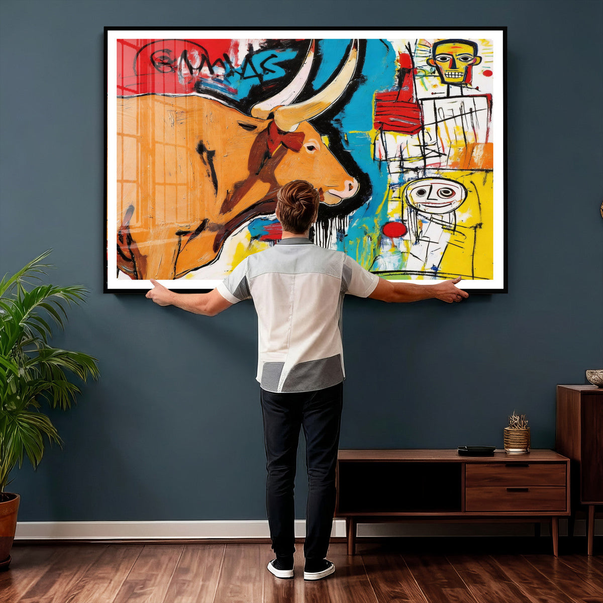 Basquiat Style Bull Graffiti Wall Art Canvas Print, Street