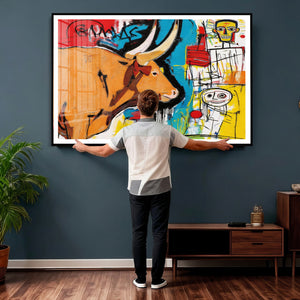 Basquiat Style Bull Graffiti Wall Art Canvas Print, Street